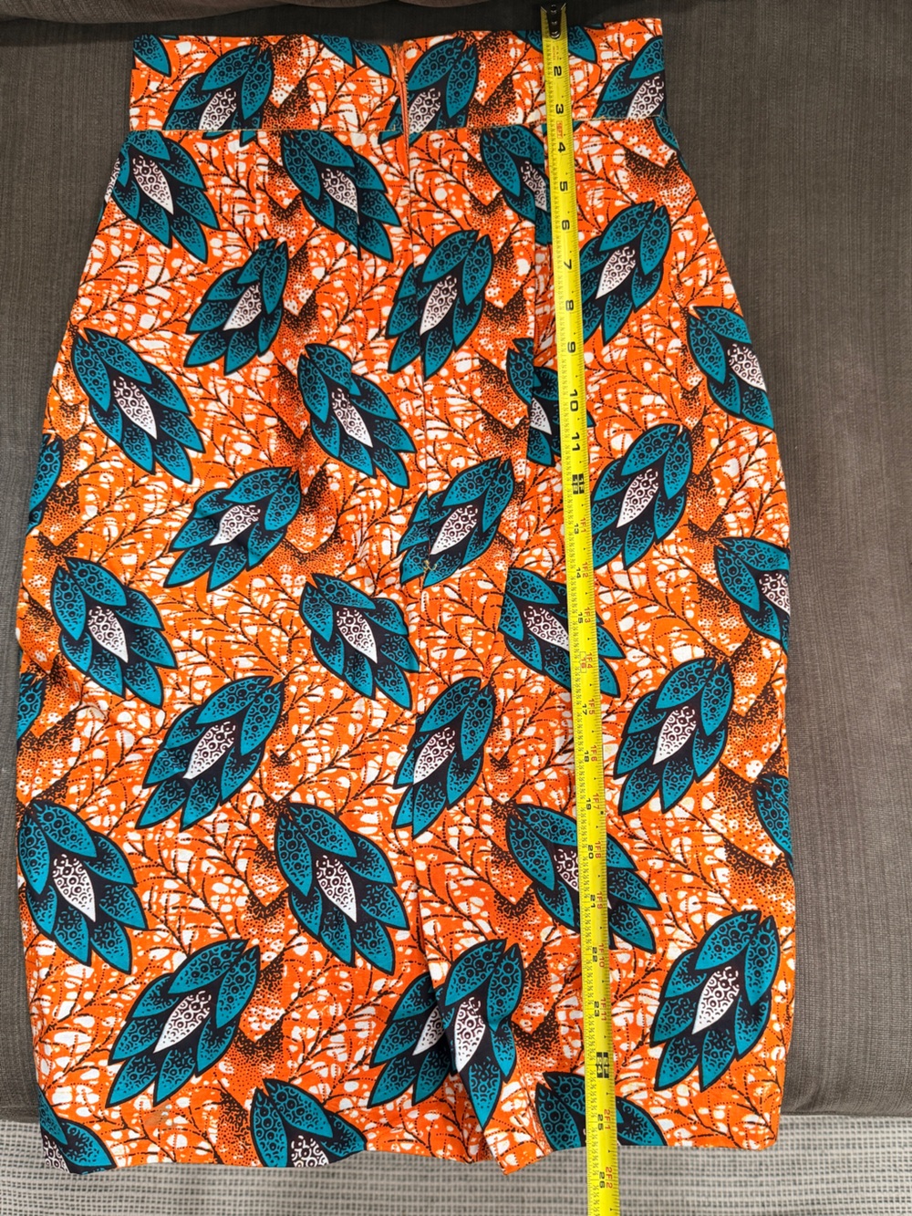 Handmade Ghanaian Wax Print Pencil Skirt | Bright Orange & Teal | Small - Picture 5 of 6